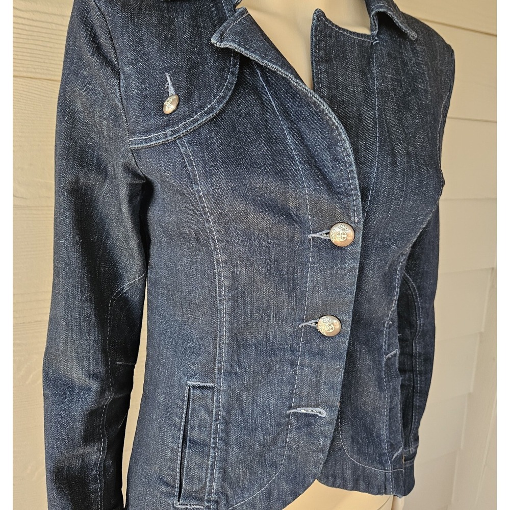 Blue Sista by DiDi Dark Blue Denim Jacket Blazer w/Side Pockets Sz M Slim Fit - Picture 3 of 12